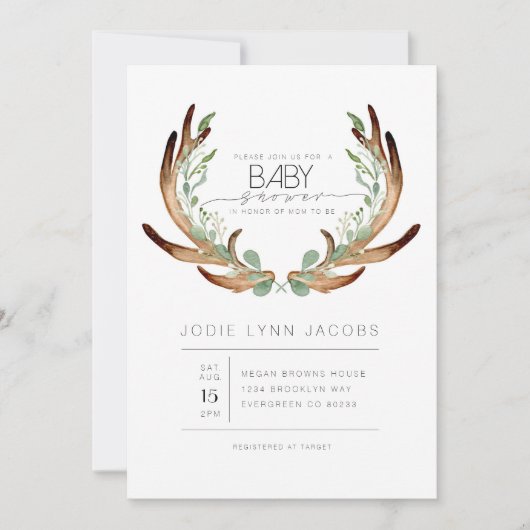 Vrouwelijk rustiek gewei | BABY SHOWER WATERVERF Kaart (Voorkant)