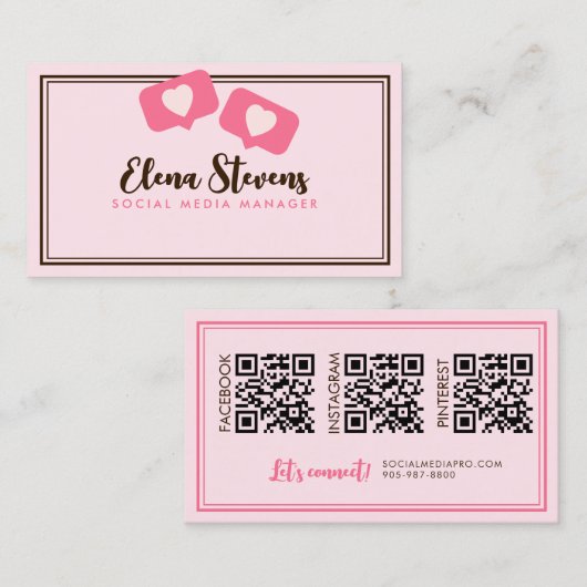 Vrouwelijk Sociaal Roze Script Tekst QR-code Visitekaartje (Voorkant / Achterkant)