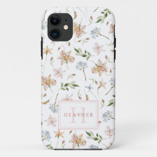 Vrouwelijk waterverf bloemenpatroon met monogram iPhone 11 hoesje