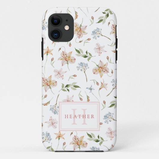Vrouwelijk waterverf bloemenpatroon met monogram Case-Mate iPhone case (Achterkant)