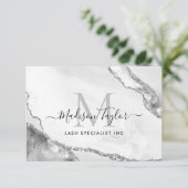 Vrouwelijk Zilver Grijs Glitter Marmer Agate Monog Kaart (Staand voorkant)