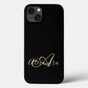 Vrouwelijk Zwart Goud Elegant Monogram Script iPhone 13 Hoesje