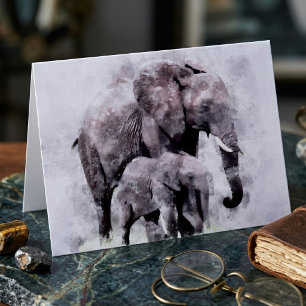 Vrouwelijke Afrikaanse Olifant met Kalf Aquarel Bedankkaart