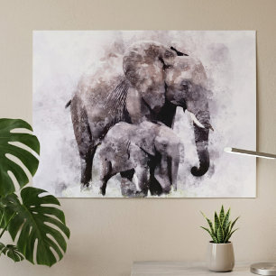 Vrouwelijke Afrikaanse Olifant met Kalf Aquarel Poster