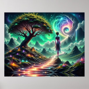 Vrouwelijke alien loopt door een twinkelende buite poster