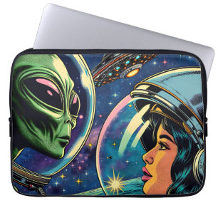 Vrouwelijke astronaut ontmoet buitenaards wezen laptop sleeve