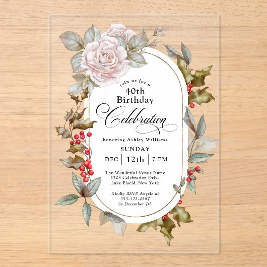 Vrouwelijke Bloemen December 40ste Verjaardag Vier Acryl Uitnodigingen (Voorkant)