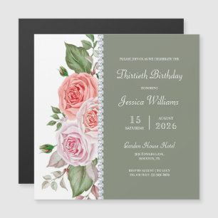 Vrouwelijke Bloemen & Diamant 30ste Verjaardag Magnetische Uitnodiging