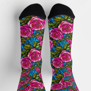 Vrouwelijke Bloemige Mode Roze Rozen Mozaïek Kunst Sokken