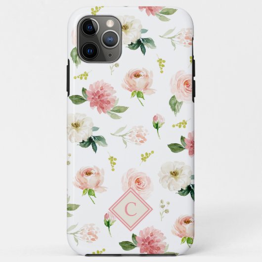 Vrouwelijke Blush Roses Patroon met Monogram Case-Mate iPhone Case (Achterkant)