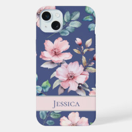 Vrouwelijke Blush Roze Bloemen Blauwe Telefoon Cas iPhone 15 Plus Case