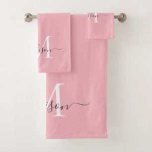 Vrouwelijke Blush Roze Grijs Monogram Script Naam  Bad Handdoek