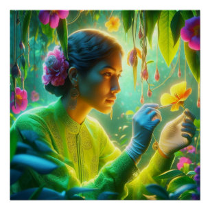 Vrouwelijke botanicus aan het werk in een tuin op perfect poster