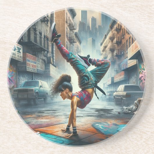 Vrouwelijke Breakdancer NYC – Urban B-Girl Art Zandsteen Onderzetter (Voorkant)