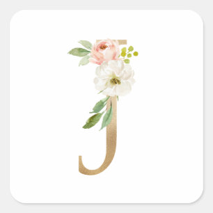 Vrouwelijke Faux Gouden Folie Bloemen Letter J Mon Vierkante Sticker