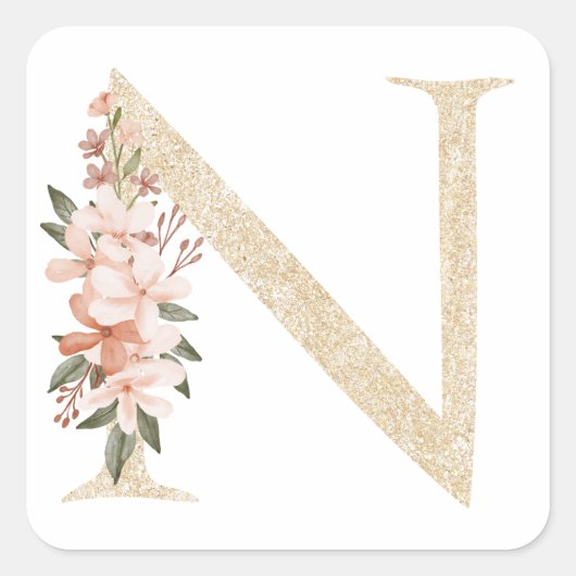 Vrouwelijke Faux Gouden Folie Bloemen Letter N Mon Vierkante Sticker (Voorkant)