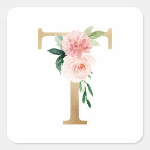 Vrouwelijke Faux Gouden Folie Bloemen Letter T Mon Vierkante Sticker