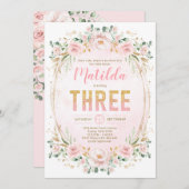 Vrouwelijke Glam Blush Bloemen Roze Goud 3e Verjaa Kaart (Voorkant / Achterkant)