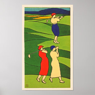 vrouwelijke Golfers Woodblock Print