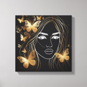 Vrouwelijke Gouden Vlinder Sluier Zwart Canvas Ont Afdruk