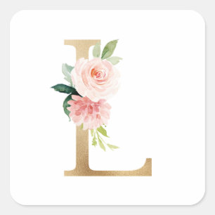 Vrouwelijke goudfolie Blush Bloemen Letter L Monog Vierkante Sticker