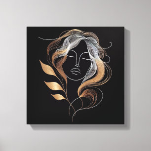Vrouwelijke Lijnkunst met Gouden Bladstroom Canvas Afdruk