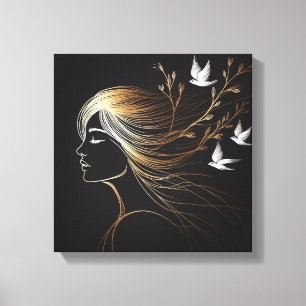 Vrouwelijke Lijnkunst Profiel met Gouden Vogels en Canvas Afdruk