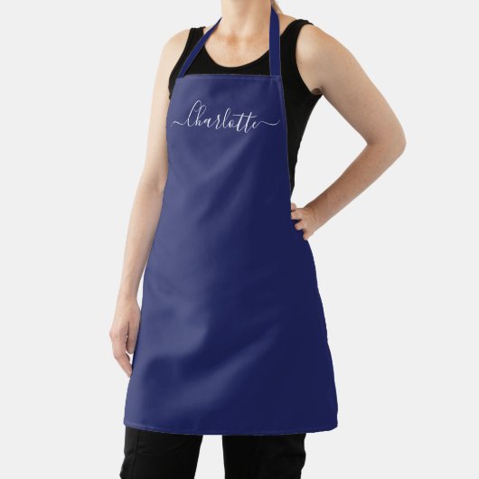 Vrouwelijke marineblauwe aangepaste script naam mo schort (Insitu)
