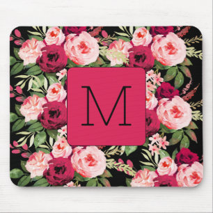  vrouwelijke monogram zwart-roze floraal muismat