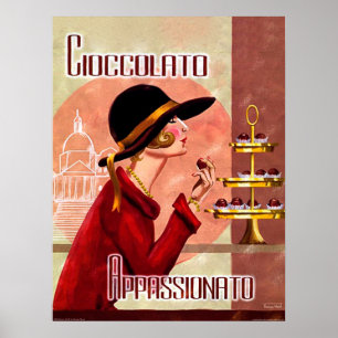 Vrouwelijke passie voor chocolade, vintage grappig poster