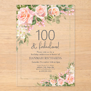 vrouwelijke perzik   Roze Rozen Bloemen 100ste ver Acryl Uitnodigingen
