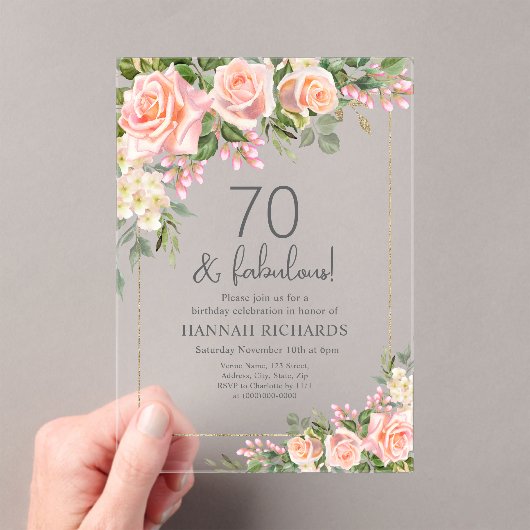 vrouwelijke perzik | Rozen Bloemen 70ste verjaarda Acryl Uitnodigingen (Insitu (Draagbaar))