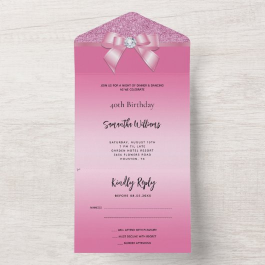 Vrouwelijke Pink Gem Bow & Glitter Verjaardag All In One Uitnodiging (Binnen)
