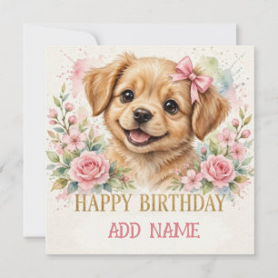 Vrouwelijke Puppy: Baby Dier Pastel lint & Bloemen Kaart