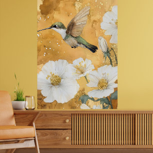 vrouwelijke robijnkeelkolibrie witte bloesems poster