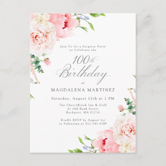 Vrouwelijke Roze Bloemen 100ste Verjaardag Surpris Uitnodiging Briefkaart (Voorkant)