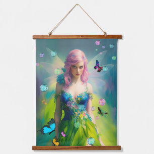 Vrouwelijke Roze Haar Fee Portret in Groene Jurk Hangend Wandkleed