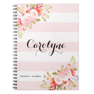 Vrouwelijke Roze Strepen Bloemen Gepersonaliseerd Notitieboek