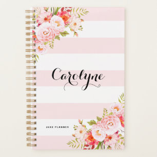 Vrouwelijke Roze Strepen Bloemen Gepersonaliseerde Planner