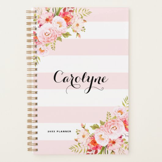 Vrouwelijke Roze Strepen Bloemen Gepersonaliseerde Planner (Voorkant)