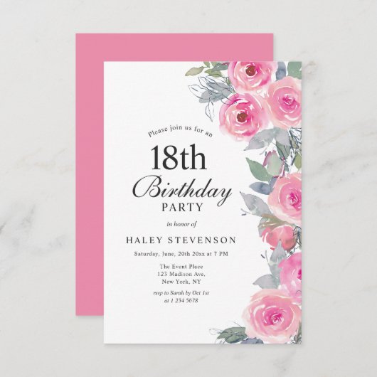 Vrouwelijke Roze Waterverf Floral Chic 18e Verjaar Kaart (Voorkant / Achterkant)