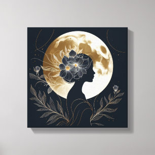 Vrouwelijke Silhouet met Gouden Maan Elegantie Canvas Afdruk