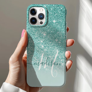 Vrouwelijke Teal Glitter Monogram Naam iPhone 12 Hoesje