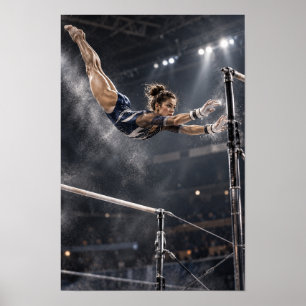 Vrouwelijke turnster ongelijke liggers luchtvlucht poster