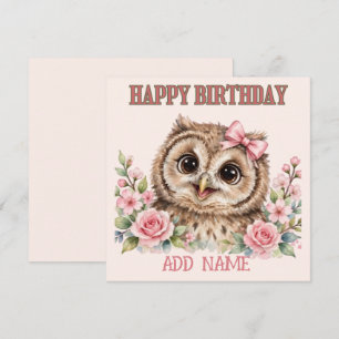 Vrouwelijke Uil: Baby Dier Pastel lint & Bloemen Kaart