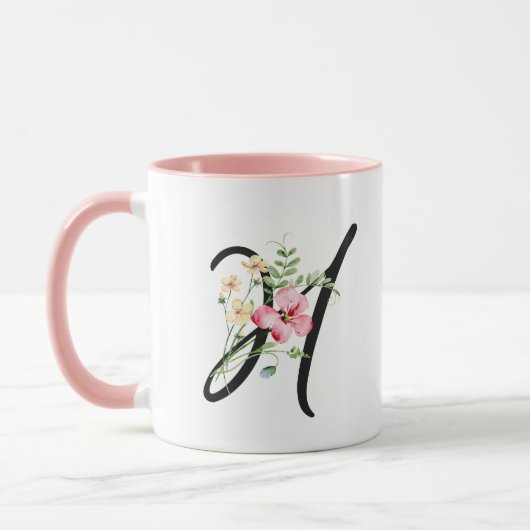 Vrouwelijke Zwarte Script Letter "H" Bloemen Roze Mok (Links)