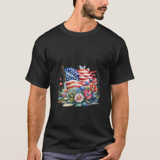 Vrouwen Bloemen Amerika 4 juli Vlag Patriottisch T-shirt