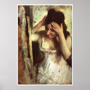 Vrouwen die haar haar haar haar voor een spiegel h poster