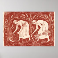 Vrouwen die tarwe oogsten met sikkels Linocut