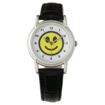 Vrouwen Gelukkig Gezicht Zwart Leren Strap Horloge